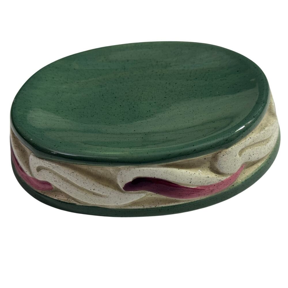 vintage studio art pottery soap dish green white